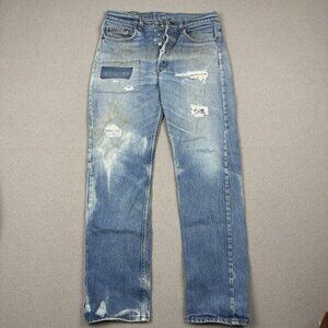 Vintage Levis 501 Jeans Fits 32x32 Sun Faded Blue Farm Work Denim 80s USA Repair